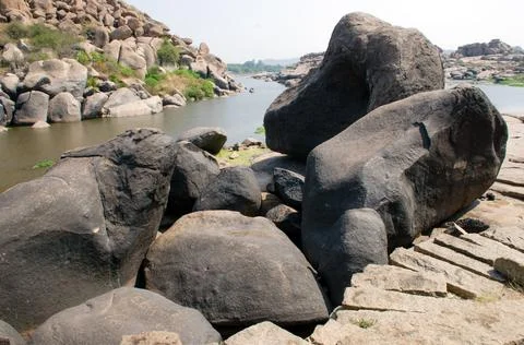 ROCK BOLDER PATTERN &amp; LANDSCAPE OF HAMPI KARNATAKA INDIA Stock Photos
