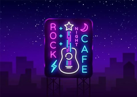 Rock Cafe Logo Neon Vector. Rock Cafe Neon Sign, Concept with guitar, Bright Stock Illustration