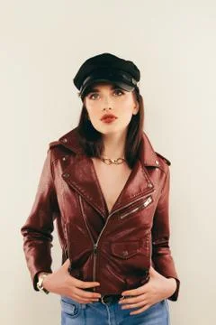 Rock chick in leather jacket, full length. Fashion portrait of elegant woma.. Photos