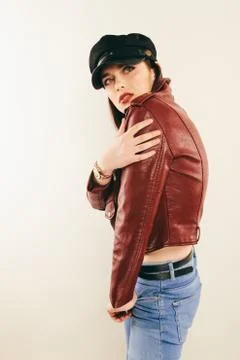Rock chick in leather jacket, full length. Fashion portrait of elegant woma.. Photos