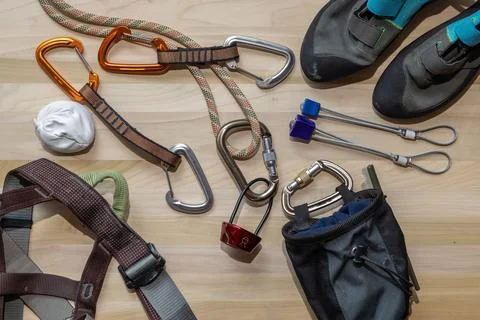 Rock Climbing Equipiment Flat Lay Stock Photos