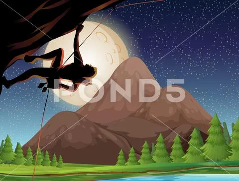 Rock climbing on fullmoon night Stock Illustration
