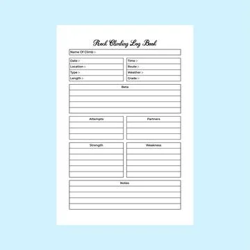 Rock climbing logbook KDP interior. Rock climber information tracker and hi.. Stock Illustration