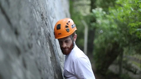 Rock climbing. Men looking for good holds with hands. Slow motion 120 스톡 동영상 73059448