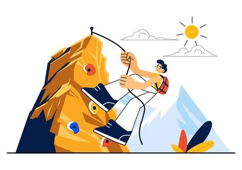 Rock Climbing Vector Illustration Featuring a Climber Ascending a Rock Wall.. Stock Illustration