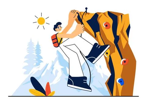 Rock Climbing Vector Illustration Featuring a Climber Ascending a Rock Wall.. Stock Illustration