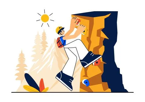 Rock Climbing Vector Illustration Featuring a Climber Ascending a Rock Wall.. Stock Illustration