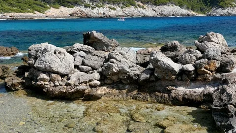 Rock Coastline and Crystal Clear Mediterranean Sea on Mallorca Video stock 93952853