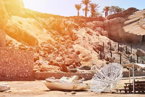 Rock collapse on beach. Collapsed rock, blocked on visiting the beach by tour Stock Photos