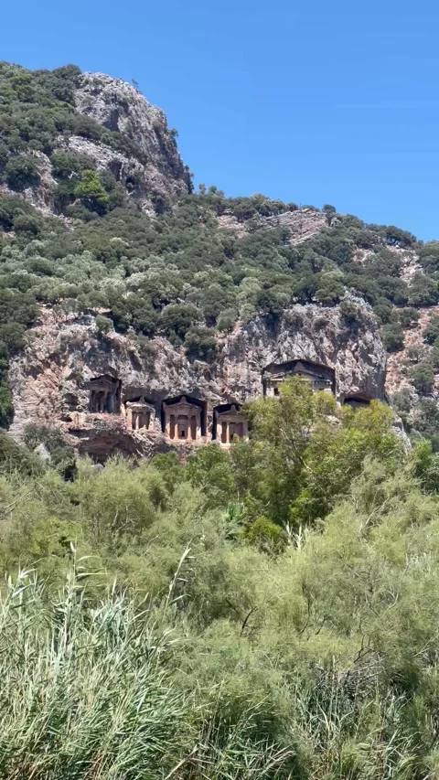 Rock-cut temple tombs in Kaunos Dalyan - Turkey, Ancient city of Kaunos Stock Footage 337137861