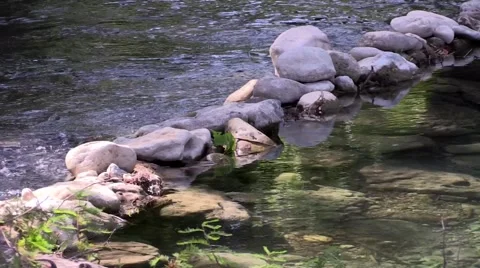 Rock dam holding back clear water in a spring fed river Stock Footage 53340516