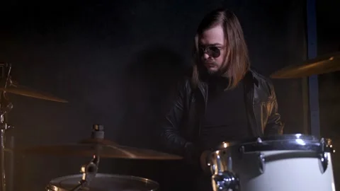 Rock drum playing on drum set in record studio Stock Footage 114995648