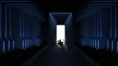 A rock drummer is playing in a huge blue tunnel Stock Footage 243845801