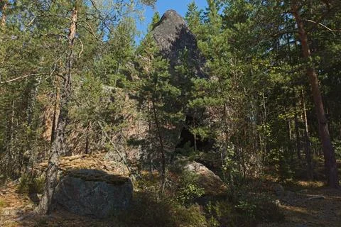 Rock formation in forest. Stock Photos