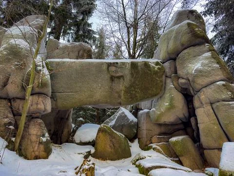 Rock formation in forest Stock Photos