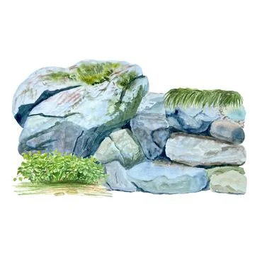 Rock formation with grass, river side landscape design element. Watercolor .. Stock Illustration