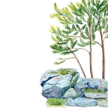 Rock formation with grass, river side landscape design element. Watercolor .. Stock Illustration