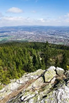 Rock formation on Jested Mountain, Liberec in background, Czech Republic Stock Photos