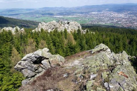 Rock formation on Jested Mountain, Liberec in background, Czech Republic Фото