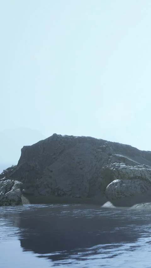 Rock formation near the water with distant hills during morning Stock Footage 340264801
