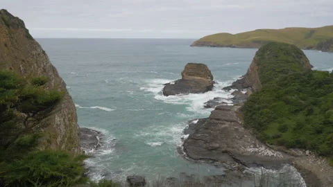 Rock formation on the ocean seen from above, in New Zealand Stock Footage 219217121