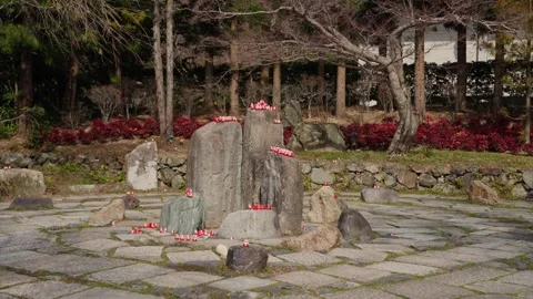 Rock formation with red daruma dolls in courtyard at Katsuoji Temple Osaka Stock Footage 337777574