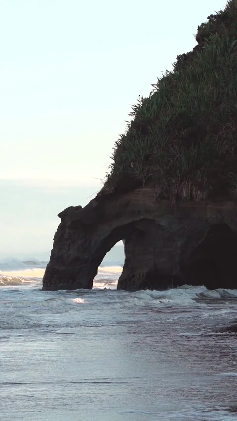 Rock formation with shape of elephant hit by te waves of pacific ocean Stock Footage 289103291