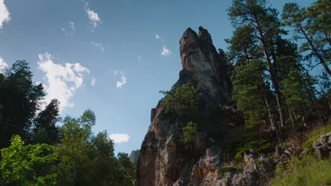 Rock Formation Slowly Lit Up, Pine Forest, Landscape Stock Footage 311951005