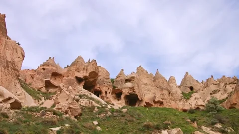 Rock formations and ancient cave dwellings in Zelve Valley, Cappadocia, Turkey Stock Footage 332544196