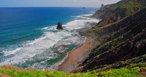 Rock formations and cliffs of North Coast, black beach of Tenerife, Canary Stock Footage 198213729