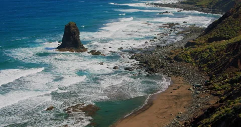 Rock formations and cliffs in ocean of North Coast of Tenerife, Canary Islands Stock Footage 198216752
