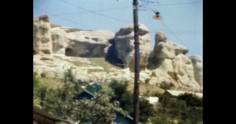 Rock formations and limestone cliffs in Bakhchisaray, Crimea, Soviet Union era. Stock Footage 330656262