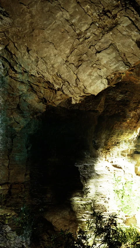 Rock formations and shadows in a cave with light shining Stock Footage 332226387