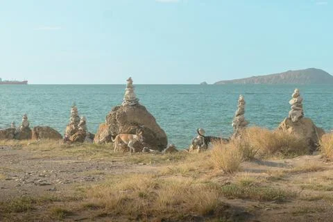 Rock formations on the beach at sunset Stock Photos