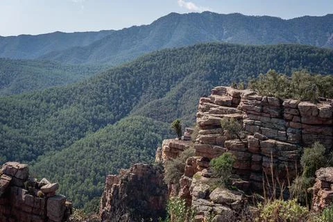 Rock formations, called organs, in Mediterranean forest. Benitandus Stock Photos