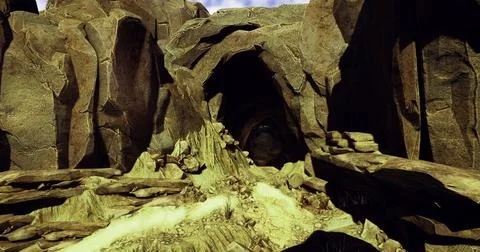 Rock formations create a dramatic passageway in a rugged landscape Stock Illustration