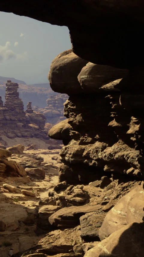 Rock formations create a path through desert landscape under clear sky Video stock 332205758