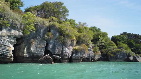 Rock formations know as the Pancake Rocks at the town of Raglan,New Zealand 库存影片 142278822