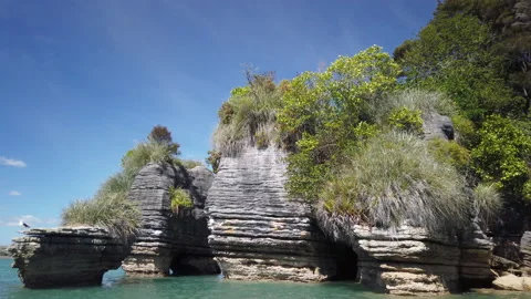 Rock formations know as the Pancake Rocks at the town of Raglan,New Zealand Stock Footage 142281119