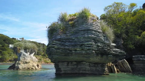 Rock formations know as the Pancake Rocks at the town of Raglan,New Zealand Stock Footage 142288530