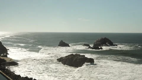 Rock Formations in Ocean With Large Waves, Sutro Baths, California Stock Footage 145463184