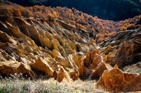 The rock formations at Stobski pyramids Stock Photos
