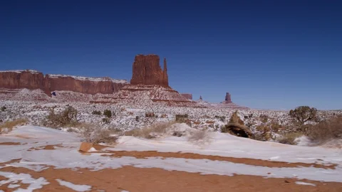 Rock formations surrounded with snow in Monument Valley area Stock Footage 104113655