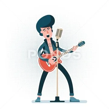 Rock guitarist with an acoustic guitar plays and sings into microphone Stock Illustration