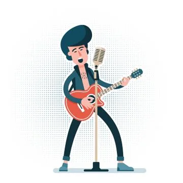 Rock guitarist with an acoustic guitar plays and sings into microphone Stock Illustration
