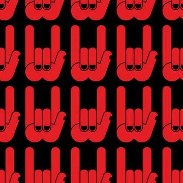 Rock hand sign seamless pattern. Black background and red hands. Rock and rol Illustrazione stock