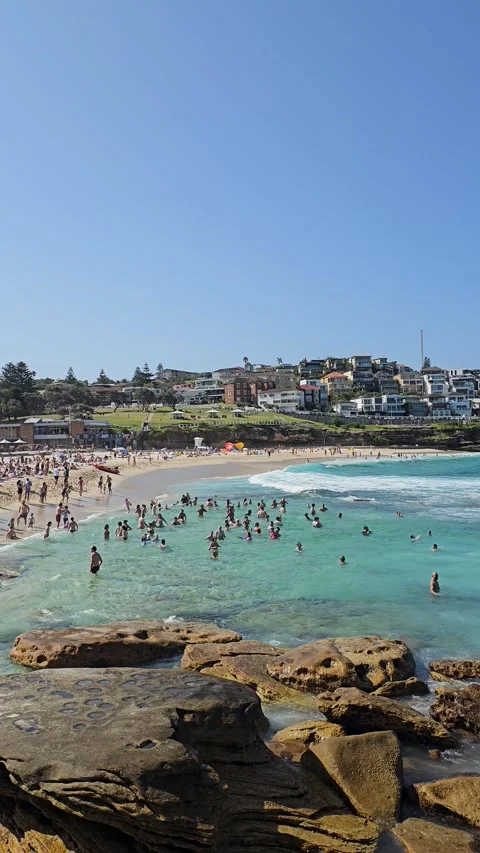 Rock Ledge and Busy Bronte Beach, Bronte Beach, Sydney, Australia – Vertical 8K Video stock 299031222