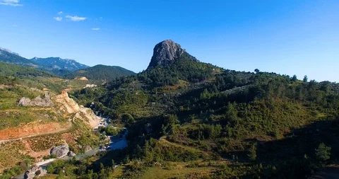 Rock, Mountain, River and Pine Forest Aerial View Stock Footage 130083274