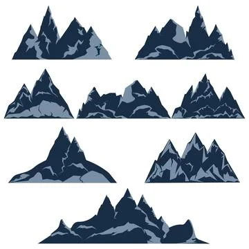 Rock mountains vector set. Mountain rocky peaks of different shapes flat cartoon Stock Illustration