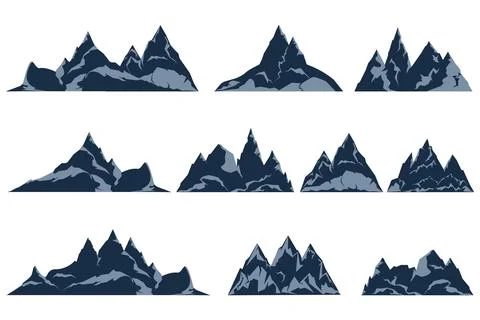 Rock mountains vector set. Mountain rocky peaks of different shapes flat cartoon Stock Illustration